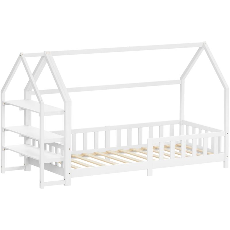 Ml-design Kinderbett Hausbett 90x200 Cm Mit Rausfallschutz, Regal, Dach & Lattenrost, Weiß, Bettgestell Aus Kiefernholz, Montessori Bodenbett,