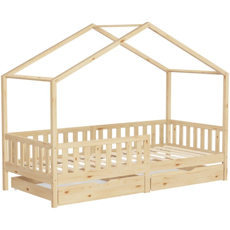Ml-design Kinderbett Hausbett 90x200 Cm Natur Mit 2 Schubladen, Holzbett Mit Rausfallschutz, Lattenrost Und Dach, Spielbett Aus Kiefernholz Für