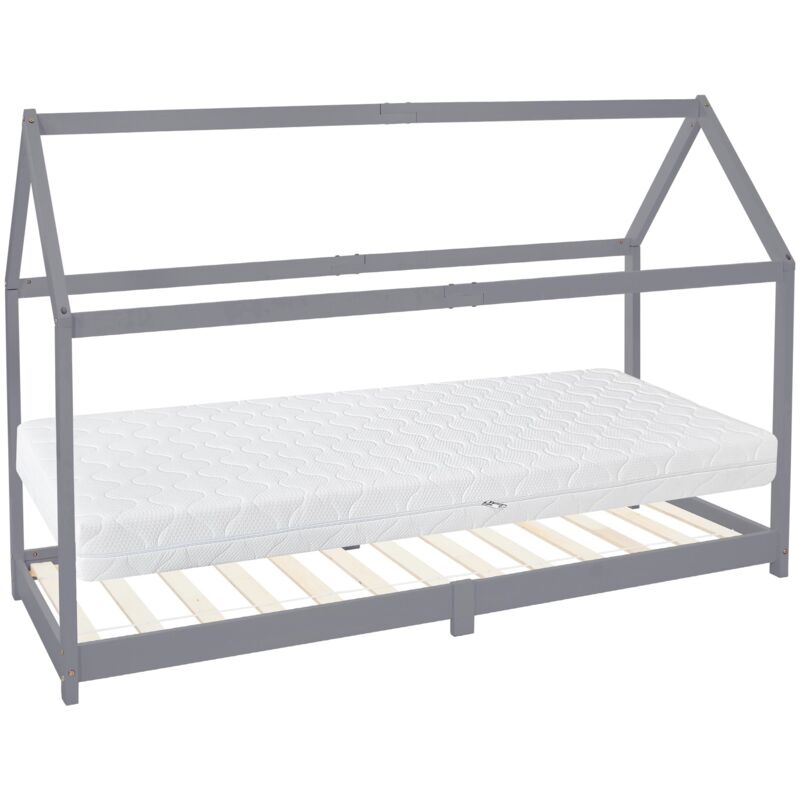 Ml-Design Kinderbett 90x200 Cm Hellgrau Mit Matratze H, 16 Cm, Dach, Lattenrost, Kinderhaus Aus Kiefernholz, Bodenbett Jugendbett, Mädchen & Jungen Hausbett,