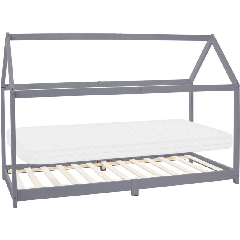 Ml-Design Kinderbett 90x200 Cm Hellgrau Mit Matratze H, 10 Cm, Dach, Lattenrost, Kinderhaus Aus Kiefernholz, Bodenbett Jugendbett, Mädchen & Jungen Hausbett,