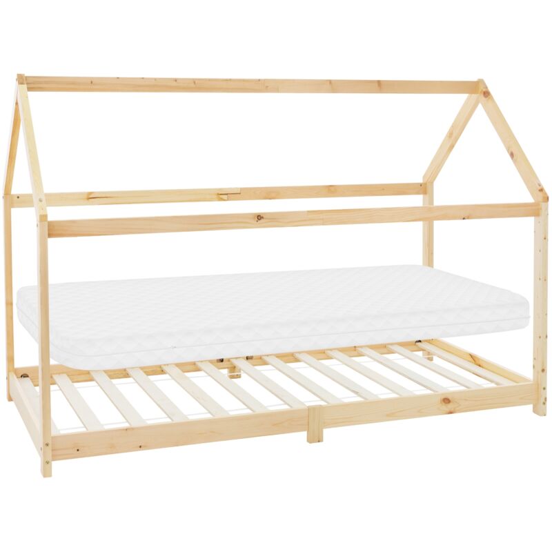 Ml-Design Kinderbett 90x200 Cm Natur Mit Matratze H, 10 Cm, Dach Und Lattenrost, Hausbett Für Mädchen/jungen, Kinderhaus Aus Kiefernholz, Bodenbett Jugendbett