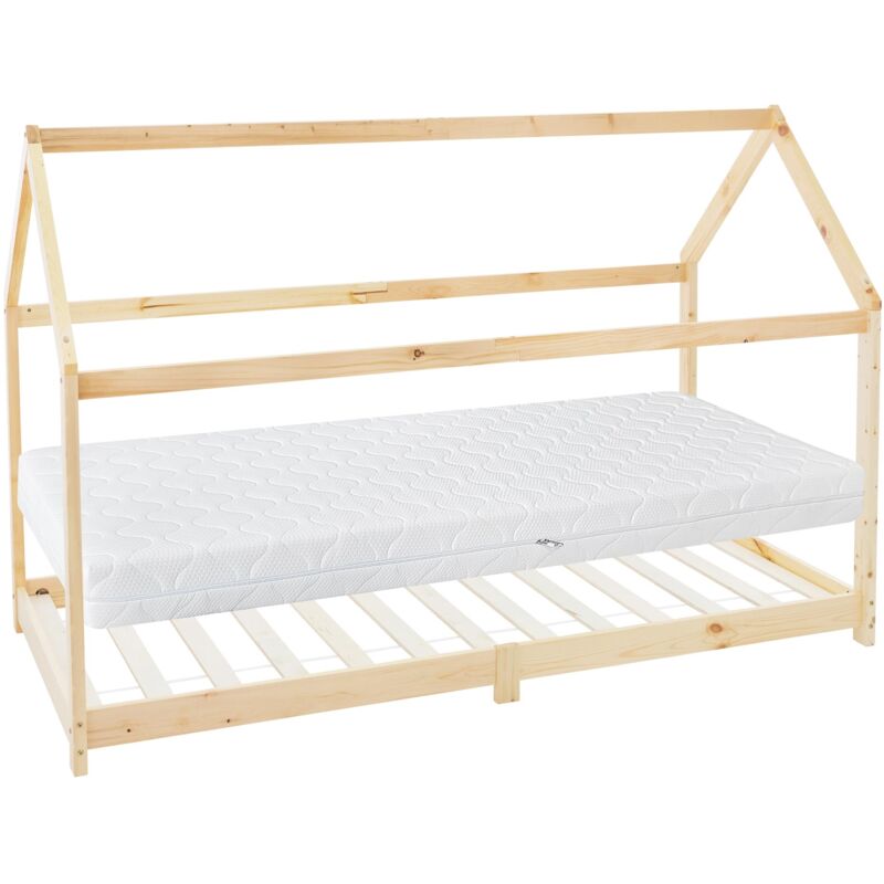 Ml-Design Kinderbett 90x200 Cm Natur Mit Matratze H, 16 Cm, Dach Und Lattenrost, Hausbett Für Mädchen/jungen, Kinderhaus Aus Kiefernholz, Bodenbett Jugendbett