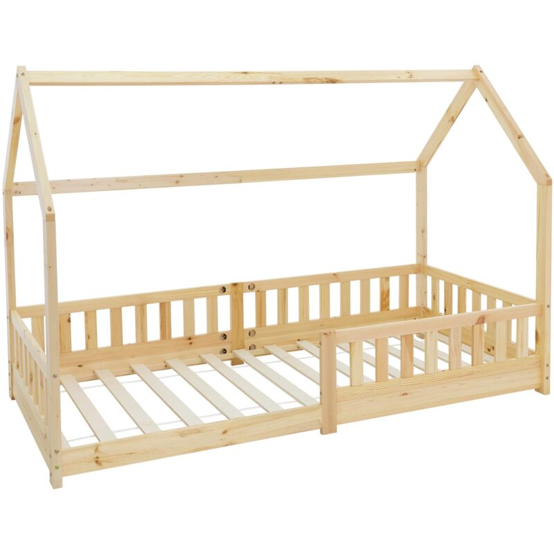 Ml-design Kinderbett 90x200 Cm Mit Rausfallschutz, Dach Und Lattenrost, Natur, Massivholz Kinder Bett, Hausbett Für Mädchen/jungen, Bodenbett