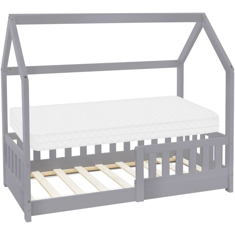Ml-design - Kinderbett 70x140 Cm Hellgrau Mit Matratze, Rausfallschutz, Dach & Lattenrost, Hausbett Für Mädchen Und Jungen, Bettenhaus Aus
