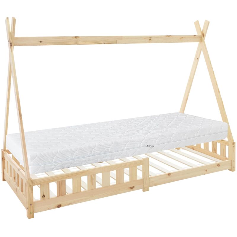 Ml-design Kinderbett Tipi 90x200 Cm Natur Mit Matratze H, 16cm, Rausfallschutz & Lattenrost, Kiefernholz, Indianer Bett Für Mädchen & Jungen,