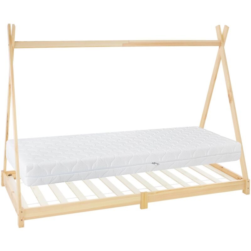 Ml-Design Kinderbett Tipi 90x200 Cm Natur Mit Matratze H, 16cm & Lattenrost, Indianer Bett, Kiefernholz, Hausbett Für Mädchen/jungen, Bodenbett Kinderhaus