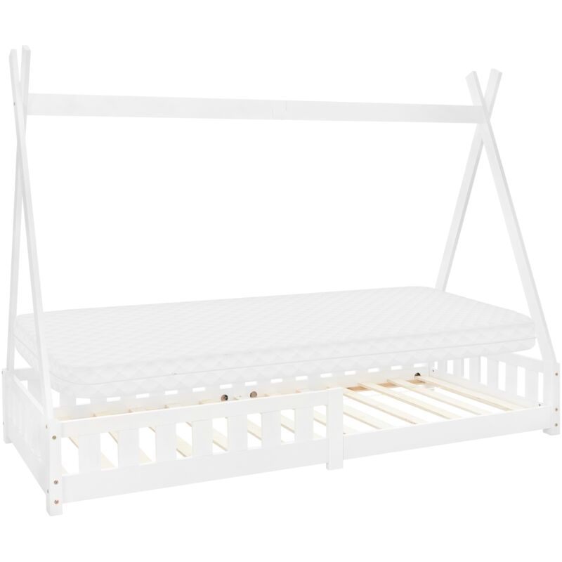 Ml-design Kinderbett Tipi 90x200 Cm Weiß Mit Matratze H, 10cm, Rausfallschutz & Lattenrost, Kiefernholz, Indianer Bett Für Mädchen & Jungen,