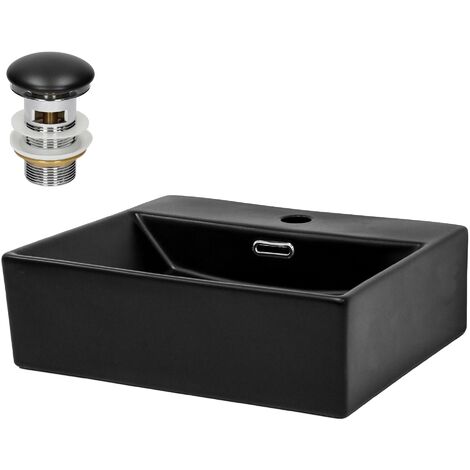 ML-Design Lavabo da Appoggio o con Montaggio a Muro in Ceramica Nera Opaca 415 x 365 x 130 mm Lavandino Moderno con Troppopieno Foro di Scarico e Piletta Sanitari Lavello per Bagno WC da Parete