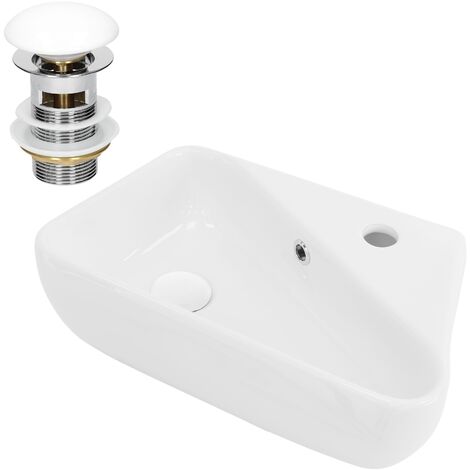 ML-Design Lavabo de Cerámica 45x27x13 cm Angular con Desagüe Blanco Fregadero con Orificio de Grifo a la Derecha Pared o Sobre Encimera Pila Moderna Lavamanos para Baño o Aseo con Rebosadero