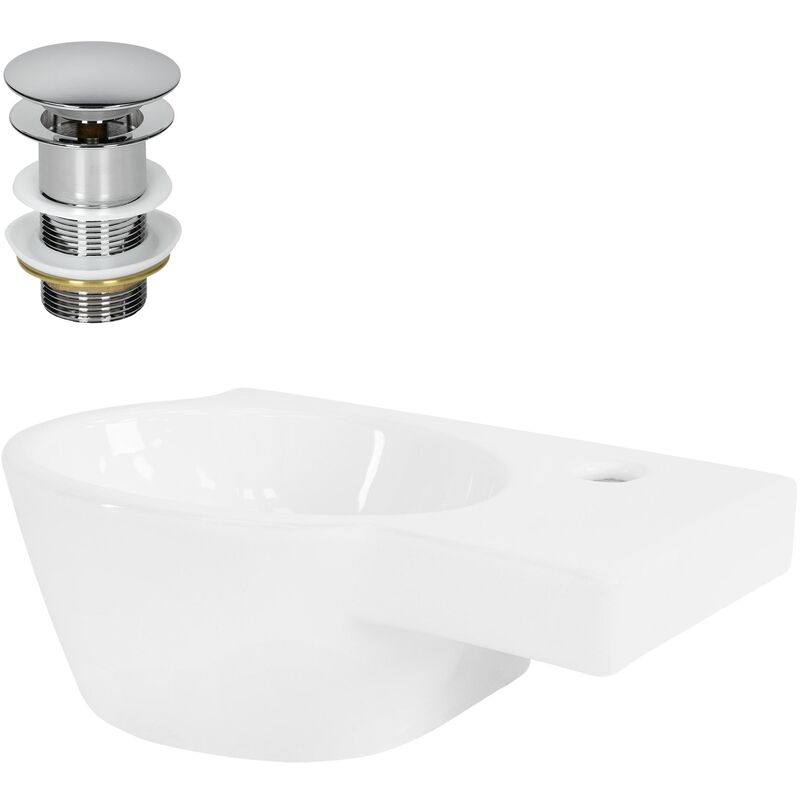 Lavabo en Céramique Ovale Blanc 37,5x19x14 cm, avec Vidage Argenté, Trou pour Robinetterie à Droite, Vasque à Poser, Montage Mural, Vasque à Main,