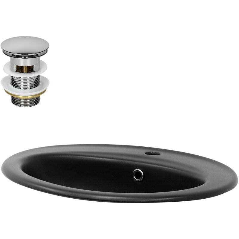 Ml-design - Lavabo en Céramique Noir Mat 57x48,5x19,5 cm avec Bouchon de Vidange 1 1/4' Universelle et Trop-Plein, Design Ovale, Vasque à Encastrer