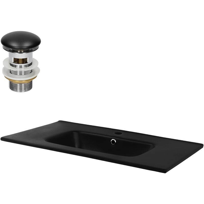 Ml-design - Lavabo en Céramique, Noir Mat, 810x165x460 mm, avec Soupape de Vidange, Trop-Plein et Trou de Robinetterie Inclus, Vasque à Encastrer