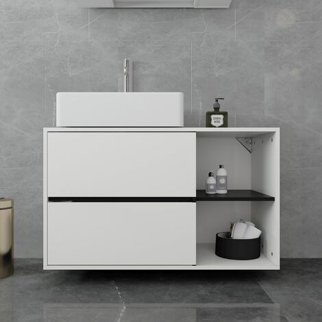 ML-Design lavabo gabinete base colgante blanco-negro 100x60x45,5 cm, gabinete base de baño 2 cajones, estante, mucho espacio de almacenamiento, gabinete base de lavabo de madera MDF, gabinete de baño 