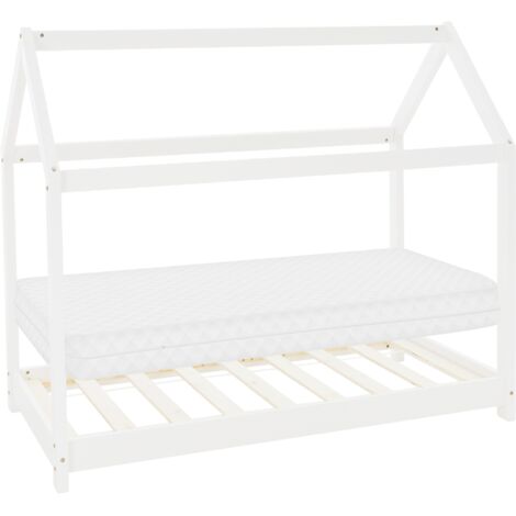 ML-Design Letto a Casetta per Bambini 80 x 160 cm Bianco, in Legno di Pino, Forma di Casa con Tetto e Rete a Doghe, Lettino a Terra Montessori con Materasso in Schiuma Fredda per Cameretta