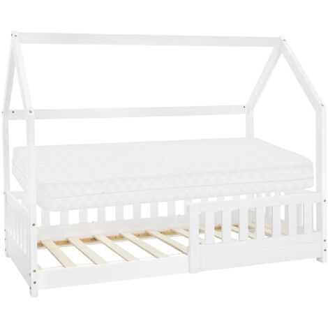 ML-Design Letto a Casetta per Bambini 80 x 160 cm Bianco, in Legno Massello, Struttura con Protezione Anticaduta, Lettino a Terra Montessori con Materasso Sfoderabile in Schiuma Fredda per Cameretta