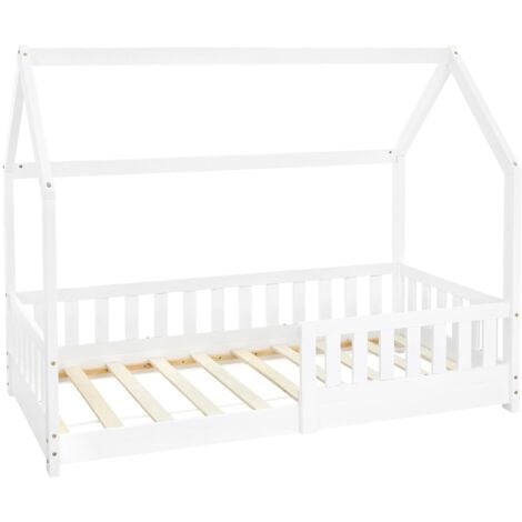 ML-Design Letto a Casetta per Bambini 80 x 160 cm Bianco, in Legno Massello, Struttura con Protezione Anticaduta, Tetto e Rete a Doghe, Lettino a Terra Montessori a Forma di Casa per Cameretta