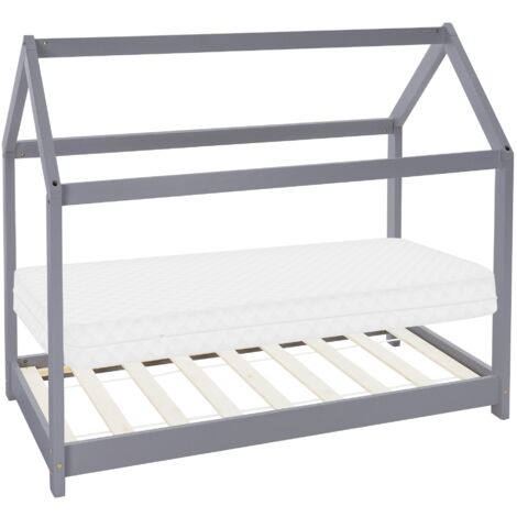 ML-Design Letto a Casetta per Bambini 80 x 160 cm Grigio Chiaro, in Legno di Pino, Forma di Casa con Tetto e Rete a Doghe, Lettino a Terra Montessori con Materasso in Schiuma Fredda per Cameretta