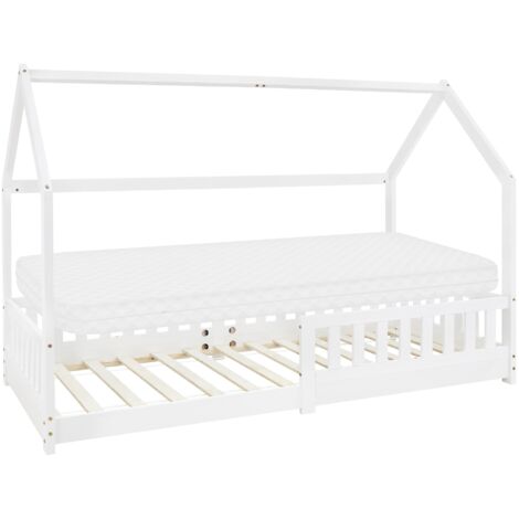 ML-Design Letto a Casetta per Bambini 90 x 200 cm Bianco, in Legno di Pino, Struttura con Protezione Anticaduta, Lettino a Terra Montessori con Materasso da 10 cm in Schiuma Fredda per Cameretta