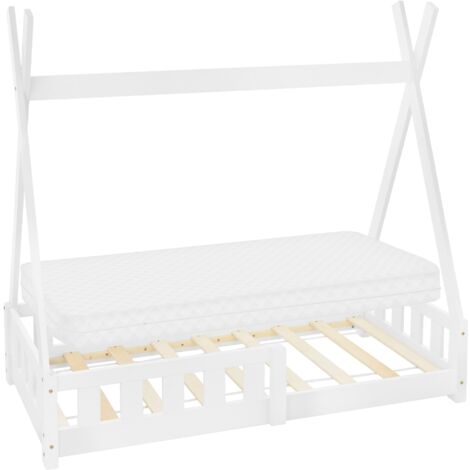 ML-Design Letto a Terra per Bambini Design Tepee 70 x 140 cm Bianco, in Legno di Pino Massiccio, con Sponde Protezione Anticaduta e Materasso Sfoderabile in Schiuma Fredda, Giroletto Montessori