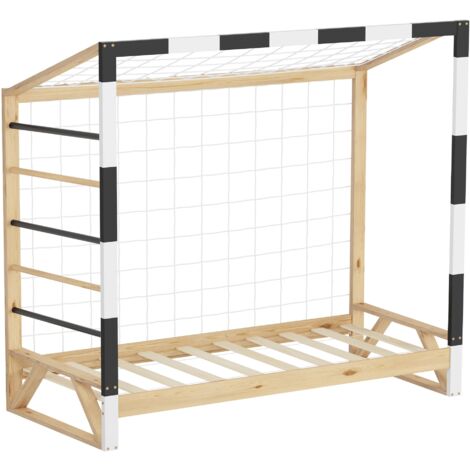 ML-Design Letto Bambini 80x160 cm in Pino Naturale, Struttura a Forma di Porta da Calcio Pallamano Bianco Nero, Rete a Doghe e Scala, Letto Singolo Sportivo, Lettino Basso per Cameretta
