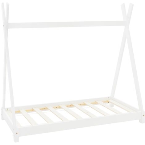 ML-Design Letto Montessori Tipi per Bambini 70 x 140 cm Bianco, in Legno di Pino Massiccio, con Rete a Doghe, Lettino a Terra a Forma di Tenda Indiana, Giroletto a Capanna per Cameretta