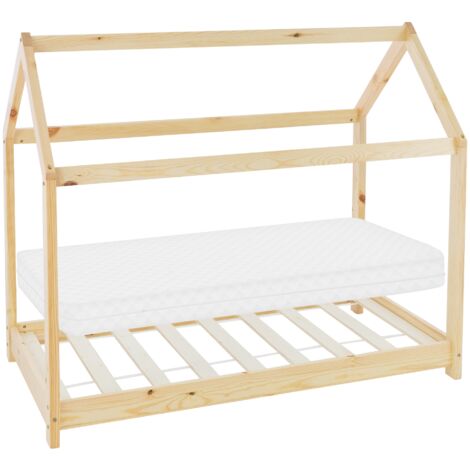 Lit Au Sol Enfant 70x140 Cm En Pin Massif - Avec Barrière Anti-chute Et Sommier à Lattes, Style Montessori