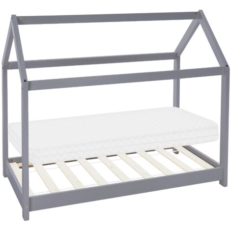 ML-Design Lit Cabane Enfant 70x140 cm avec Matelas, Toit et Sommier à Lattes, Gris Clair en Bois Massif, Couchage au Sol Maisonnette pour Fille Garçon Adolescent Chambre à Coucher, Style Maison
