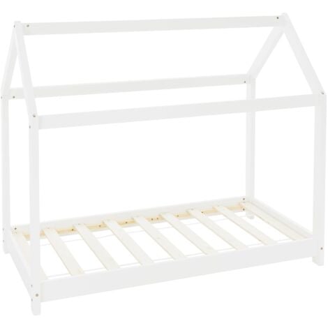 Lit Cabane Enfant 90x200 Cm Au Sol En Pin Blanc Avec Sommier - Lit