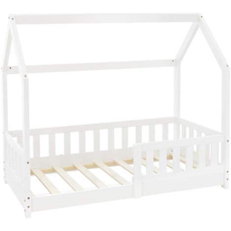 Ml-Design – Lit cabane enfant 70x140 cm blanc en pin massif – Protection contre la chute – Sommier à lattes – Design maison pour 3 à 10 ans