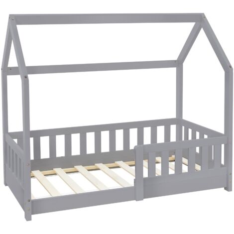 Ml-Design – Lit cabane enfant 70x140 cm en bois massif gris clair – Protection antichute – Toit et sommier à lattes – Convient aux 3-10 ans