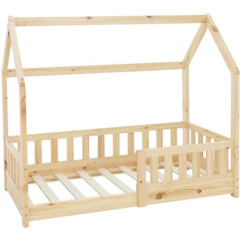 ML-Design Lit Cabane Enfant 70x140 cm Naturel en Bois Massif avec Protection Contre la Chute, Toit et Sommier à Lattes, Style Maison, Couchage Maisonnette Barrière de Sécurité pour Fille Garçon