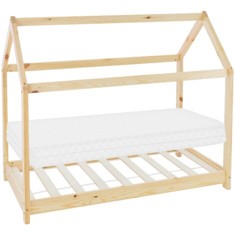 ML-Design Lit Cabane Enfant 80x160 cm avec Matelas, Toit et Sommier à Lattes, Naturel en Bois de Pin Massif, Couchage au Sol Maisonnette pour Fille Garçon Adolescent Chambre à Coucher, Style Maison