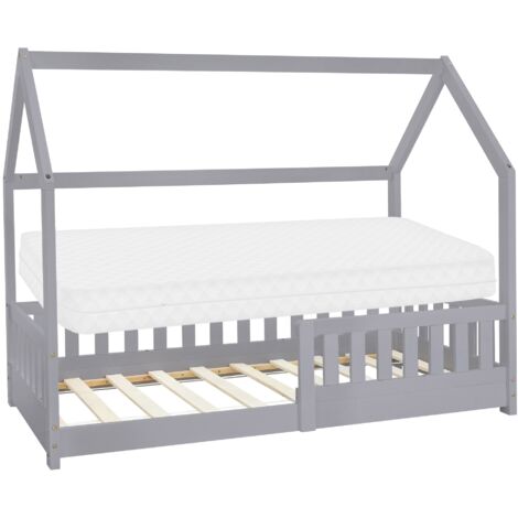 Ml-Design – Lit cabane enfant 80x160 cm gris clair – Matelas mousse froide hypoallergénique – Protection contre la chute – Bois massif – Style maisonnette