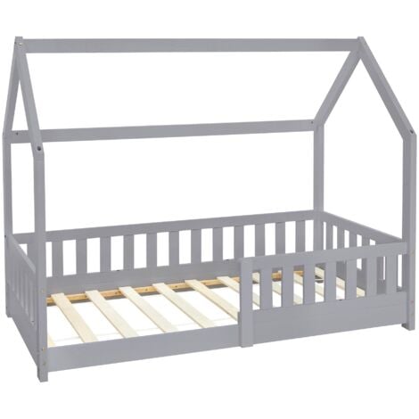 ML-Design Lit d'Enfant en Bois de Pin Massif Gris Clair, 160x80 cm, Protection Contre les Chutes, Toit et Sommier á Lattes, Lit de Maison Filles/Garçons de 3 à 10 Ans, Stable, Robuste, Jusqu'à 120 kg