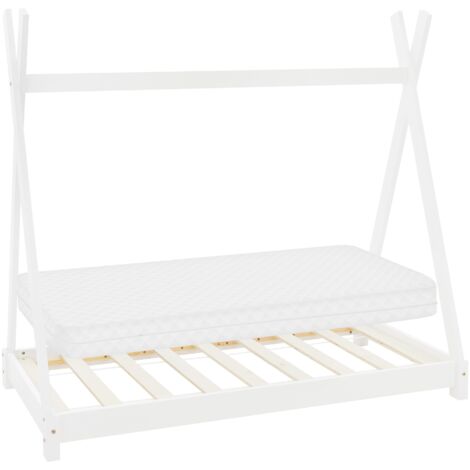 ML-Design Lit d'Enfant Tipi 70 x 140 cm Blanc avec Matelas à Mousse Froide Hypoallergénique et Sommier à Lattes, Housse Amovible Respirant Lavable, Cadre de Lit Style Indien en Bois de Pin Massif