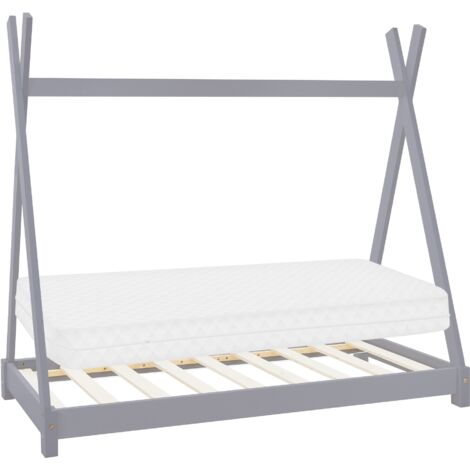 ML-Design Lit d'Enfant Tipi 80x160 cm Gris Clair avec Matelas à Mousse Froide Hypoallergénique et Sommier à Lattes, Housse Amovible Respirant Lavable, Cadre de Lit Style Indien en Bois de Pin Massif