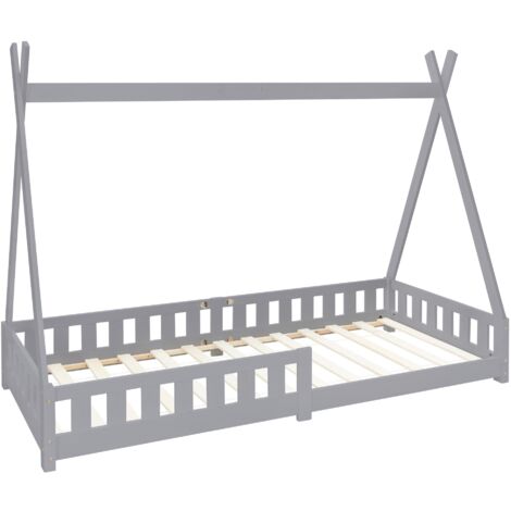 ML-Design Lit d'Enfants Tipi 90x200 cm  Gris Clair avec Protection Antichutes et Sommier à Lattes, Bois de Pin, Maison d'Enfant d'Intérieur avec Clôture, Tente de Jeu Indien pour Filles /Garçons