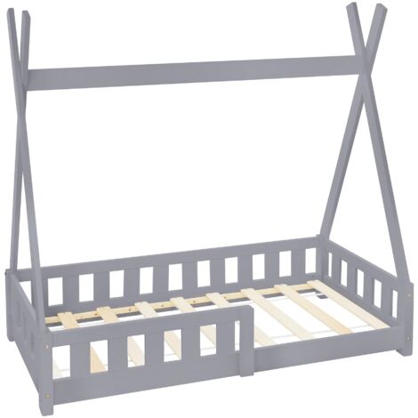 Ml-Design – Lit d'enfants tipi gris clair 140x70 cm – Bois de pin massif avec protection contre les chutes – Sommier à lattes inclus – Pour 2 à 6 ans