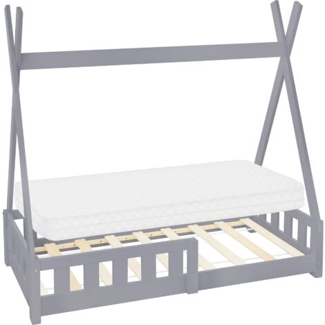 ML-Design Lit Enfant Tipi 70x140 cm Gris Clair avec Matelas à Mousse Froide Polyester, Housse Amovible, Sommier à Lattes, Anti-Chute, Lit Style Indien en Bois de Pin Massif, Protection contre Chutes