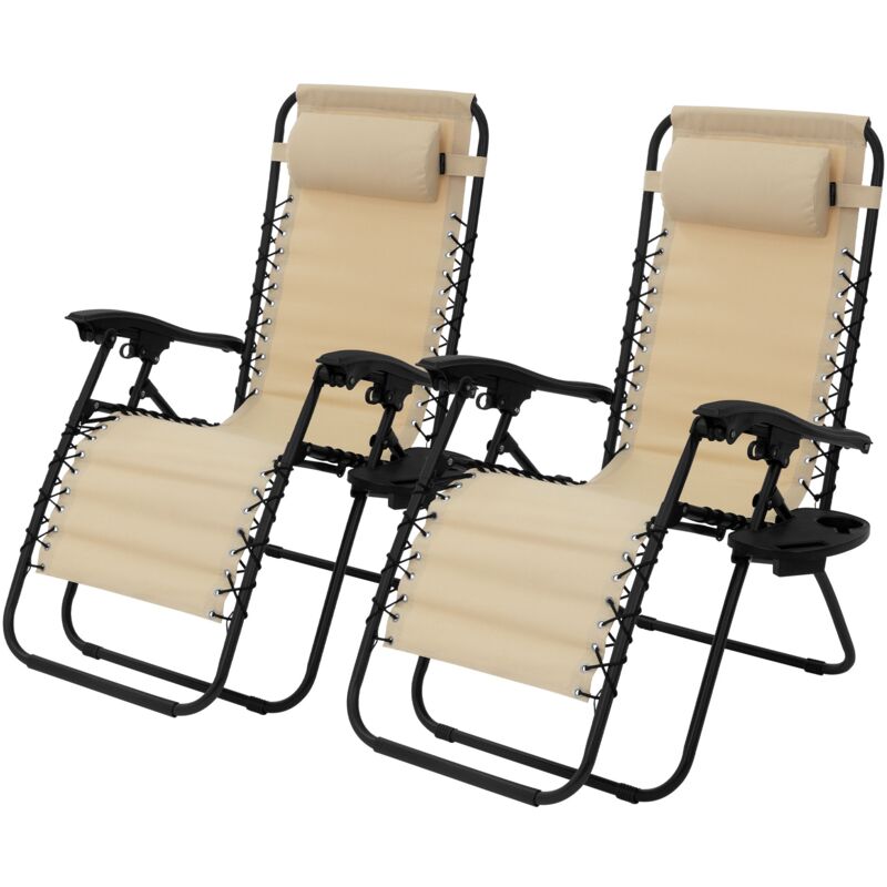 Ml-design - Lot de 2 Chaise Longue avec Appui-Tête et Porte-Gobelet, Pliable, Beige, en Acier/Tissu Polyester Oxford, Bain de Soleil de Jardin,