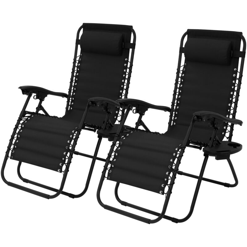 Ml-design - Lot de 2 Chaise Longue avec Appui-Tête et Porte-Gobelet, Pliable, Noir, en Acier/Tissu Polyester Oxford, Bain de Soleil de Jardin,