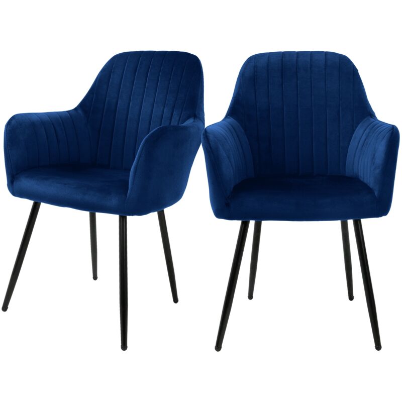 Ml-design - Lot de 2 Chaises de Salle à Manger, Bleu, Aspect en Velours, Assise Rembourrée avec Pieds en Métal, Dossier et Accoudoirs Ergonomiques,