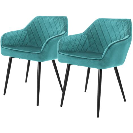 Ml-Design – Lot de 2 chaises de salle à manger en velours turquoise – Dossier ergonomique – Accoudoirs rembourrés – Pieds en métal noir – Hauteur d'assise 49 cm