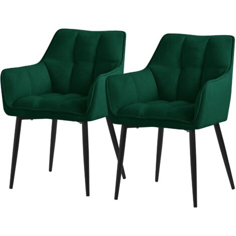 ML-Design Lot de 2 Chaises Salle à Manger en Tissu Éponge, Vert Foncé, Chaises Cuisine avec Assise Rembourrée Épaisse et Pieds Métalliques, Dossier et Accoudoirs, Fauteuil Ergonomique, Design Élégant