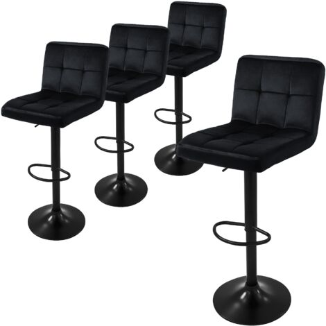 ML-Design Lot de 4 Tabourets de Bar en Velours, Noir, Chaise Rembourrée avec Dossier et Repose-Pieds, Réglable en Hauteur 63-83cm, Pivotante à 360°, Tabouret de Comptoir, Cuisine, Pub, Bar de Maison