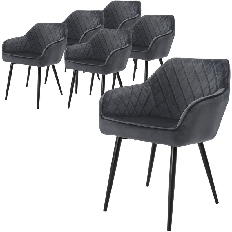 Ml-design - Lot de 6 Chaises de Salle à Manger avec Accoudoirs et Dossier, Anthracite, Revêtement en Velours, Pieds en Métal Noir, Chaise de Cuisine