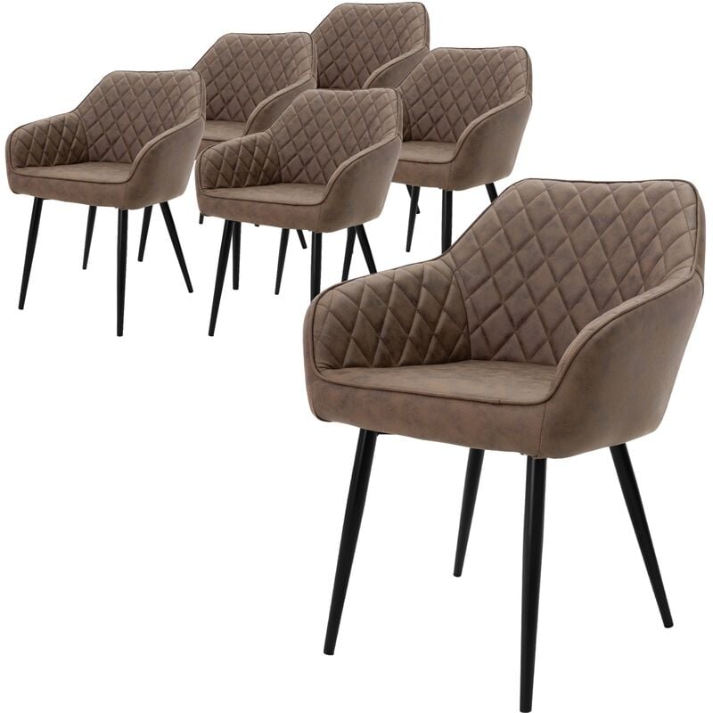 Ml-design - Lot de 6 Chaises de Salle à Manger avec Accoudoirs et Dossier, Marron, Revêtement en Simili, Pieds en Métal Noir, Chaise de Cuisine Salon