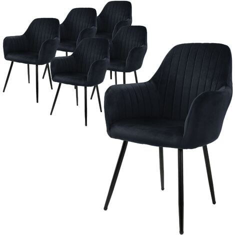 ML-Design Lot de 6 Chaises de Salle à Manger, Noir, Aspect en Velours, Assise Rembourrée avec Pieds en Métal, Dossier et Accoudoirs Ergonomiques, Fauteuil Moderne pour Salon, Bureau Chambre, Cuisine