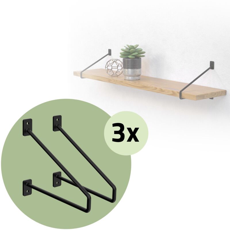 Ml-design - Lot de 6 Équerres d'Étagère 220 mm, en Acier, Noir, Style Industriel, Console Murale Decorative, Forme Épingle à Cheveux, Support Robuste