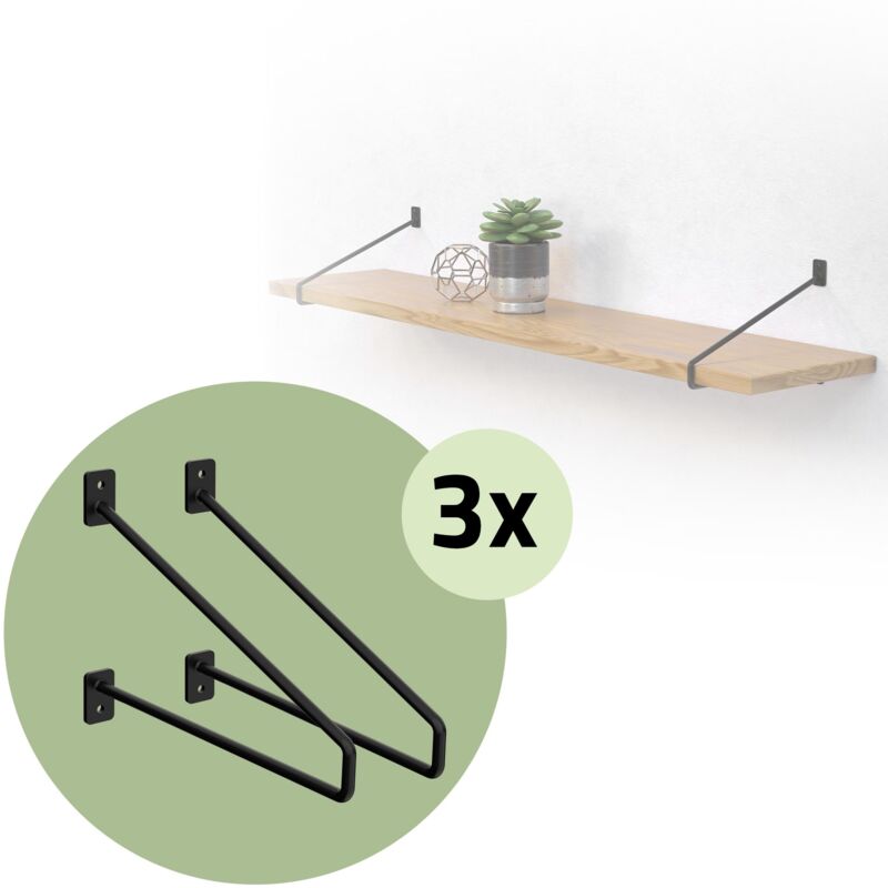 Ml-design - Lot de 6 Équerres d'Étagère 265 mm, en Acier, Noir, Style Industriel, Console Murale Decorative, Forme Épingle à Cheveux, Support Robuste